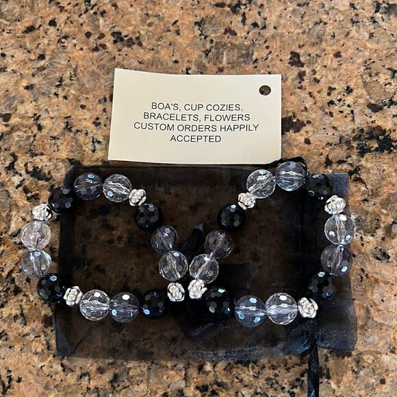 NWT Angela’s Designs black grey clear silver bead double bracelet organza bow - Picture 4 of 4